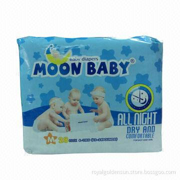 Moon baby diapers with hook-and-loop tapes and clothlike backsheet, with pretty good quality